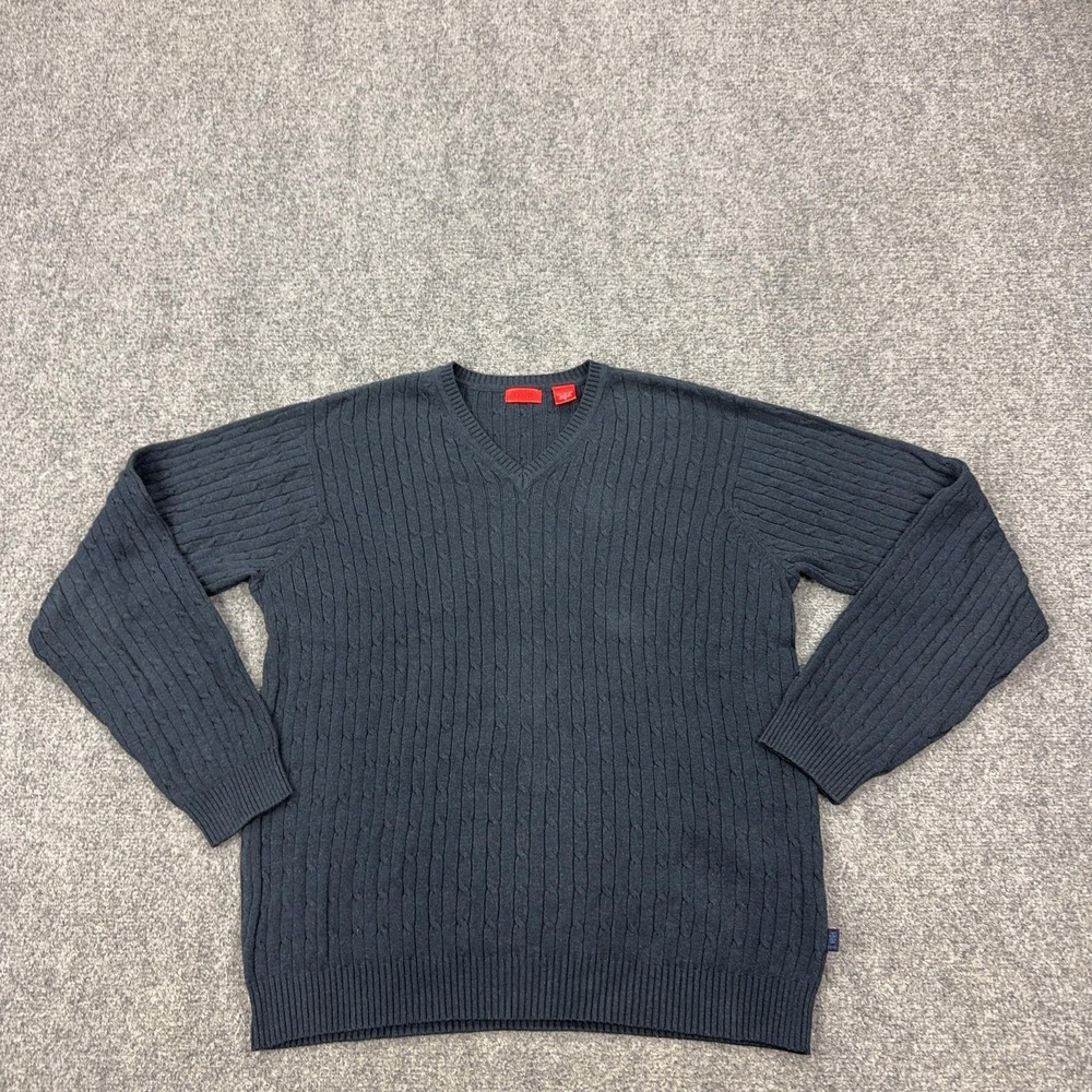 IZOD Sweater Mens Medium Blue V Neck Cotton Cable Knit Pullover Casual Logo